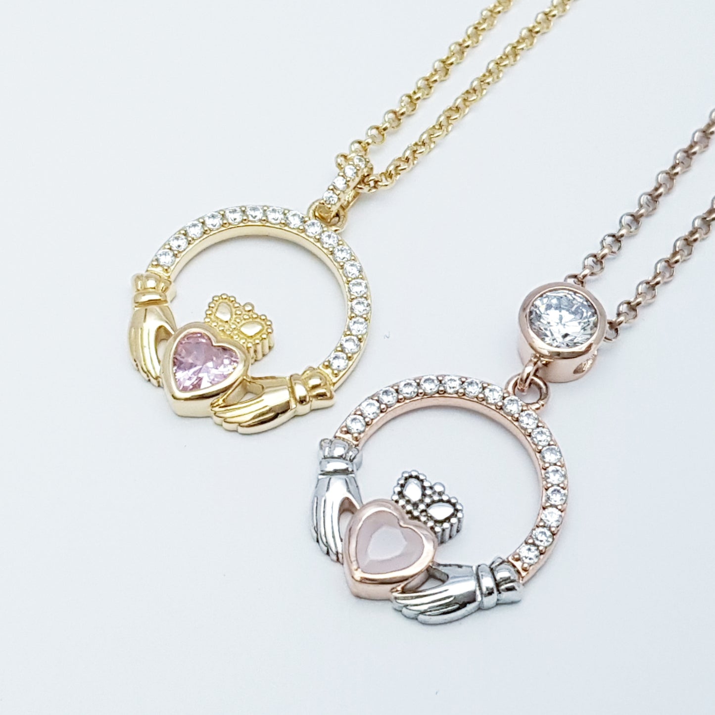 Baby pink Claddagh pendant, Irish claddagh necklace from Galway, Ireland, Angel wing claddagh chain