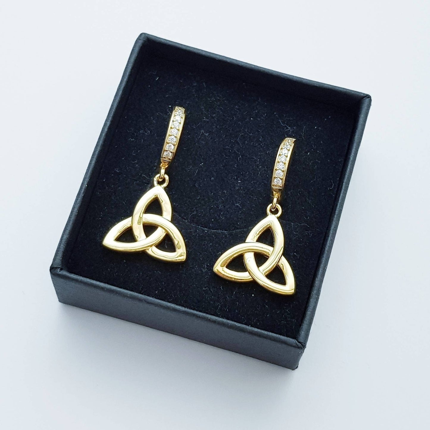 Celtic huggie Earrings, trinity knot hoop earrings, gold Celtic jewelry, celtic drop earrings