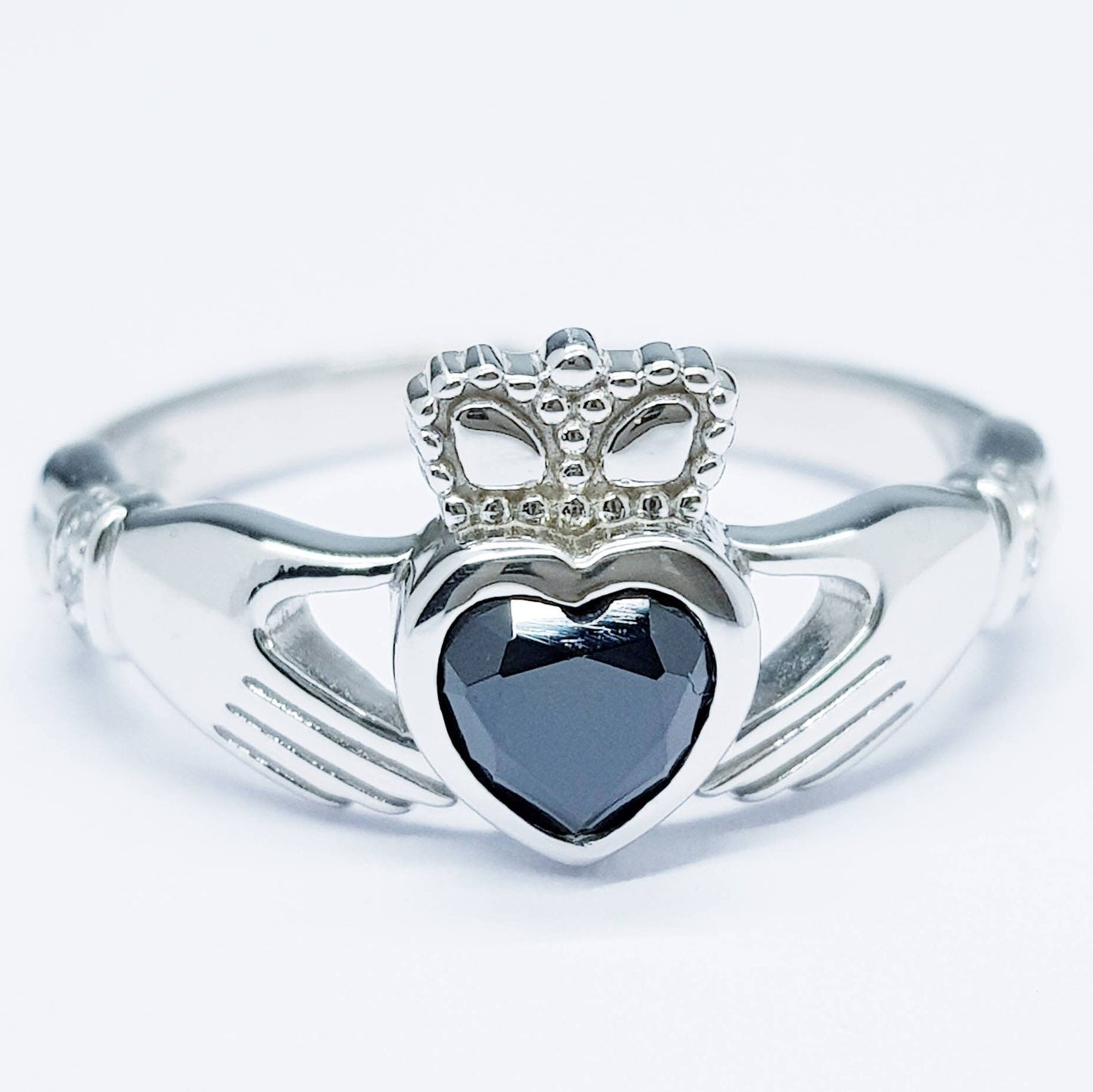 Irish Claddagh ring set with black stone, silver claddagh rings