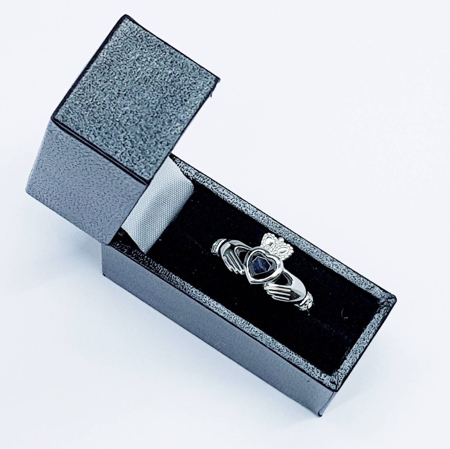 Irish Claddagh ring set with black stone, silver claddagh rings