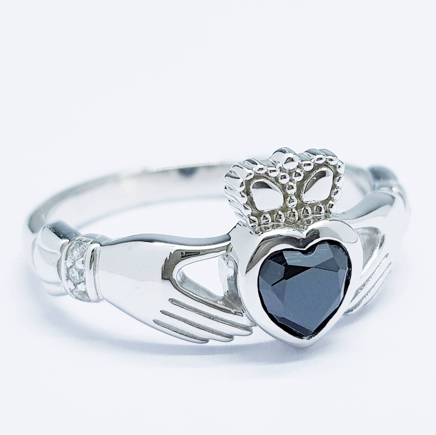Irish Claddagh ring set with black stone, silver claddagh rings