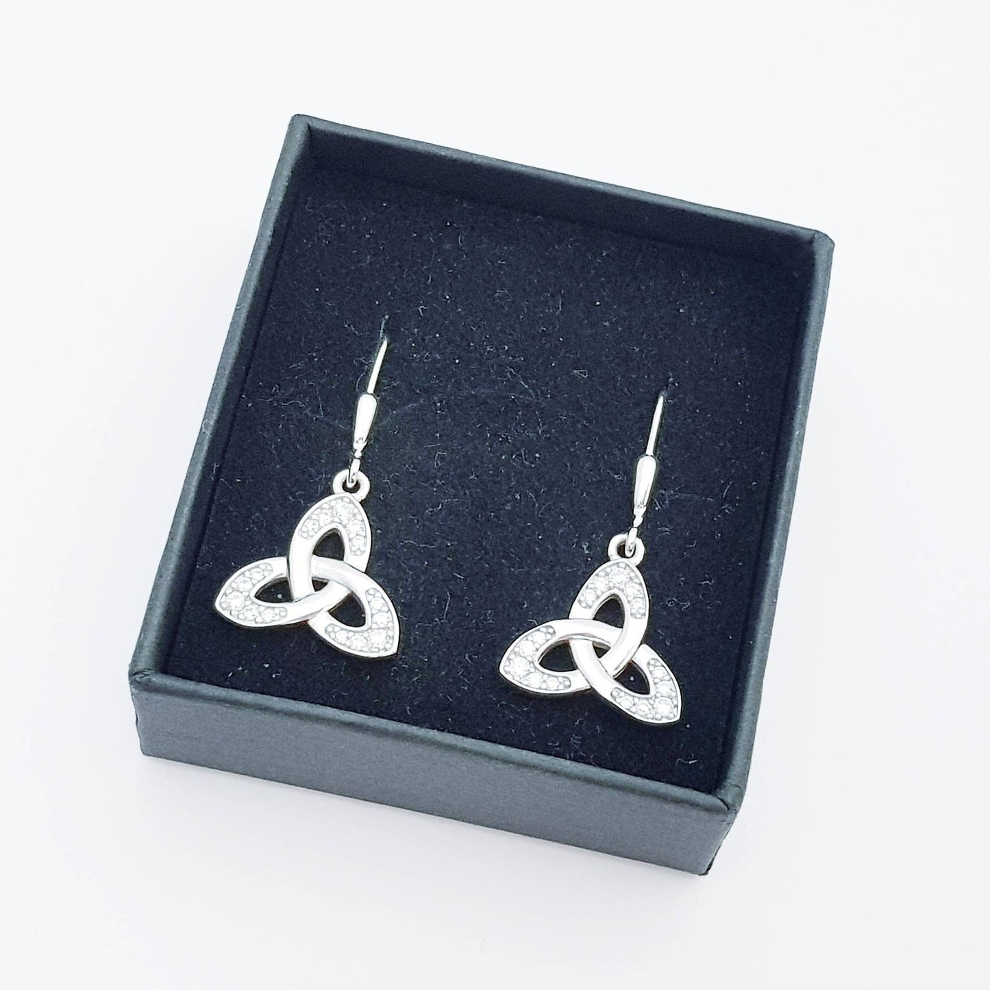 Silver drop Celtic knot Earrings, Celtic lever back, trinity knot earrings