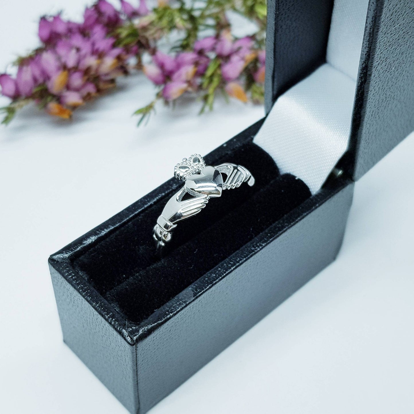 Dainty silver claddagh ring with celtic band, Irish claddagh ring