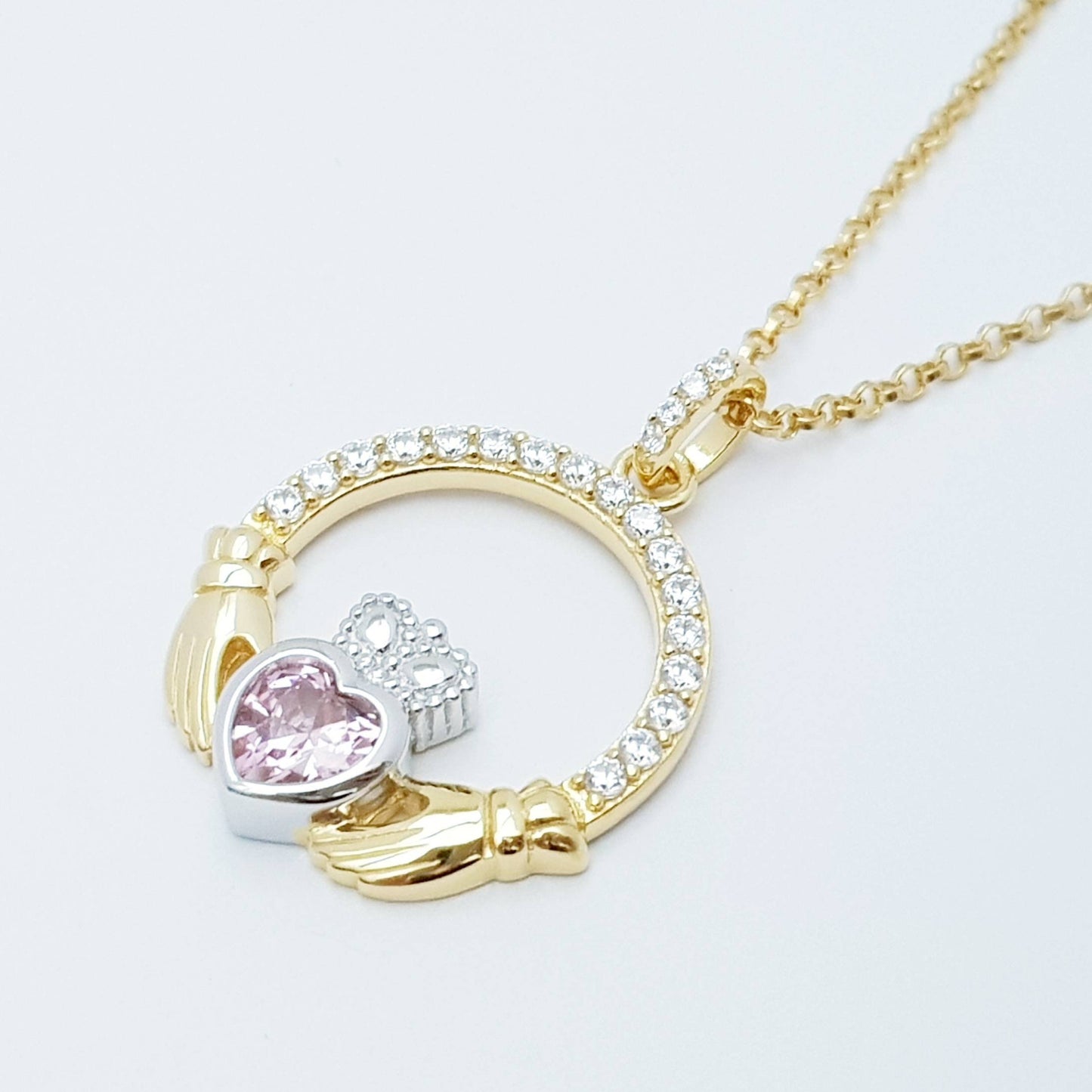 Pink Claddagh pendant, Irish claddagh necklace from Galway, Ireland, silver and gold claddagh pendant