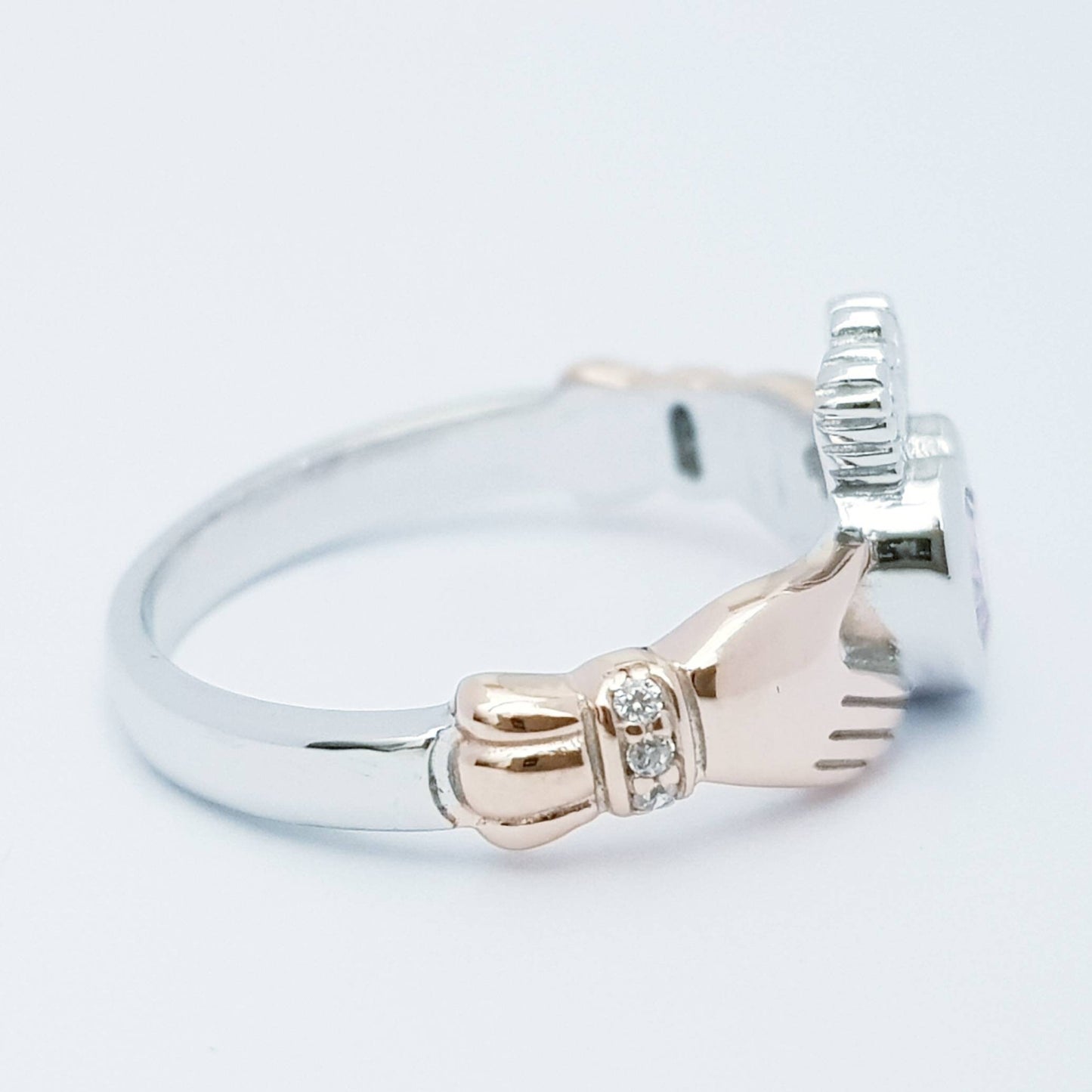 Sterling Silver Rose Gold plated Claddagh ring set with bright pink stone, two tone claddagh ring