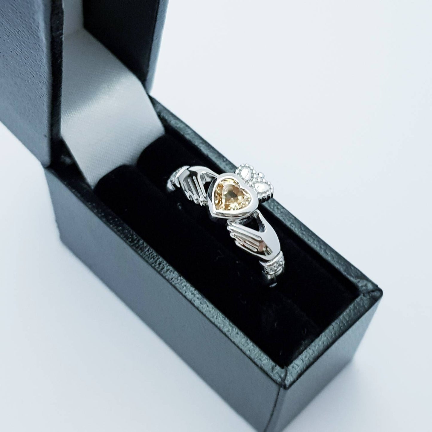 Sterling Silver Claddagh ring set with champagne citrine stone, November birthstone