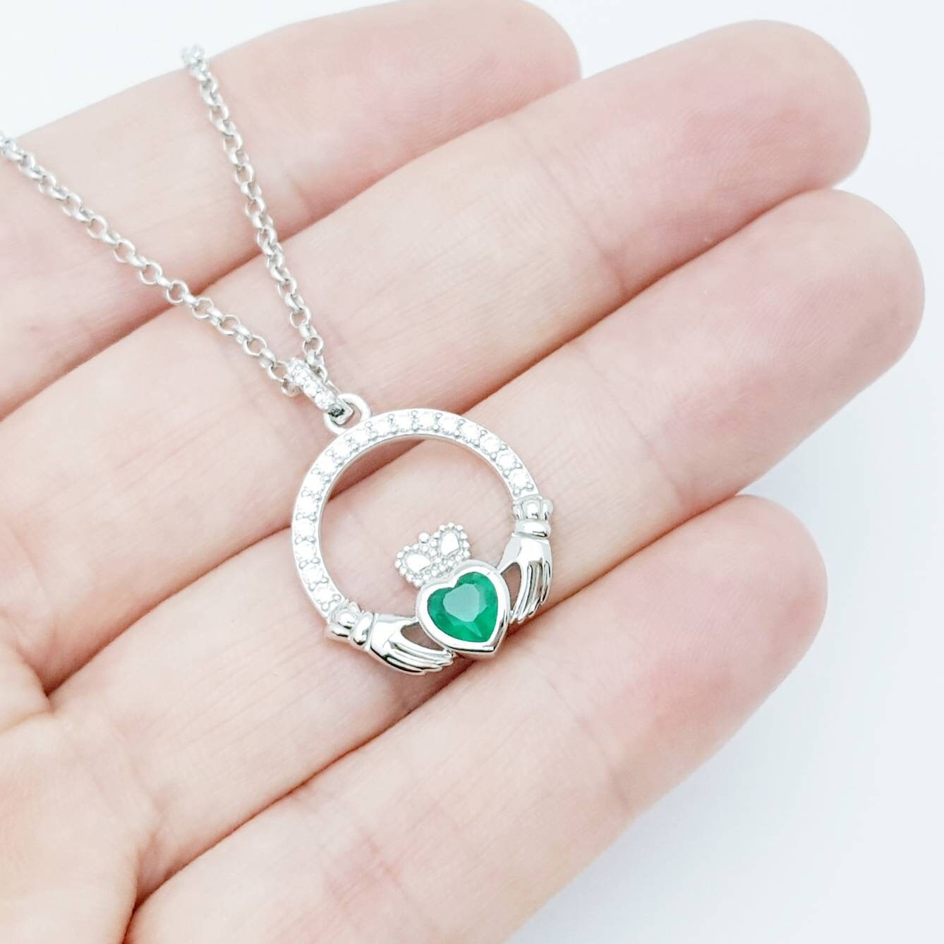 Sterling silver emerald green may birthstone claddagh necklace