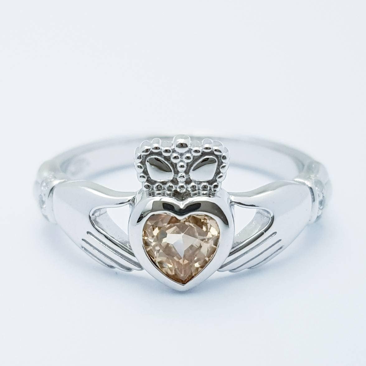 Sterling Silver Claddagh ring set with champagne citrine stone, November birthstone