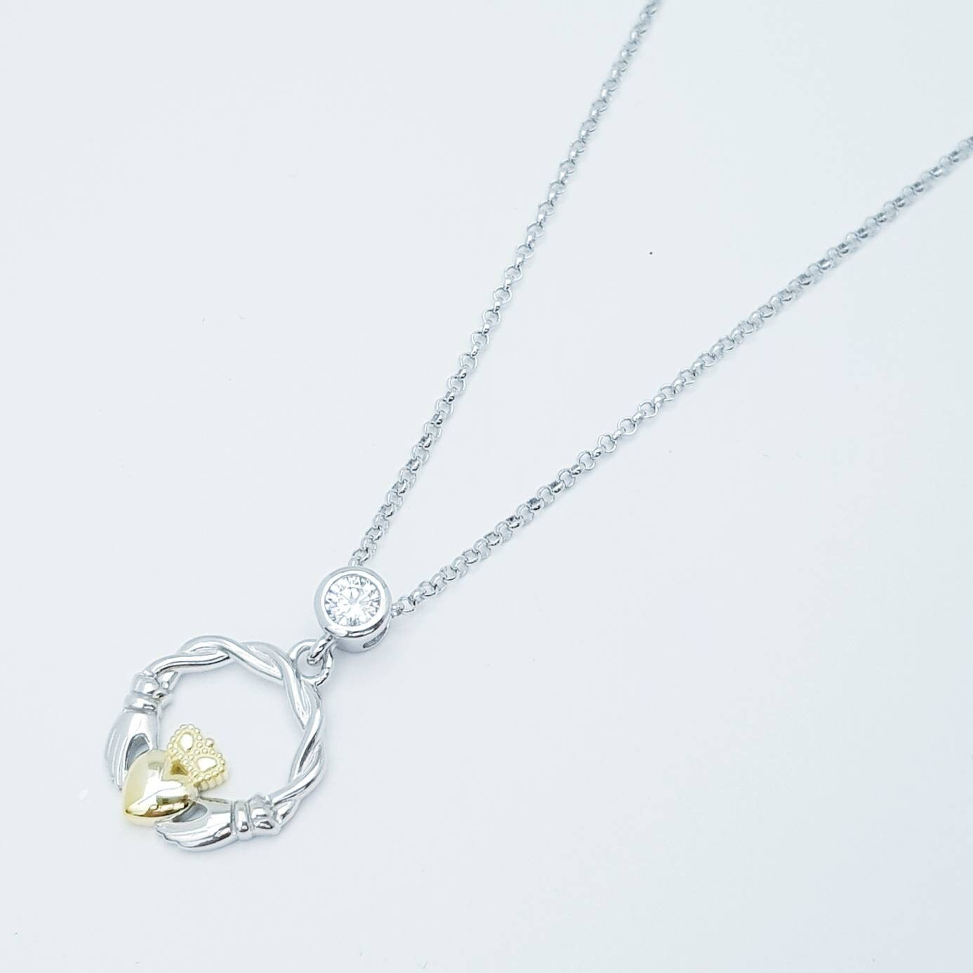 Dainty Sterling Silver claddagh necklace with gold plating
