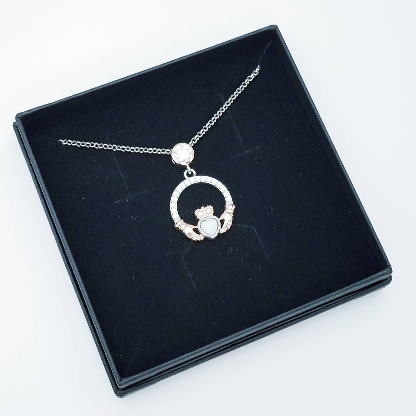 White Opal Claddagh pendant, claddagh necklace, rose gold claddagh pendant October birthstone