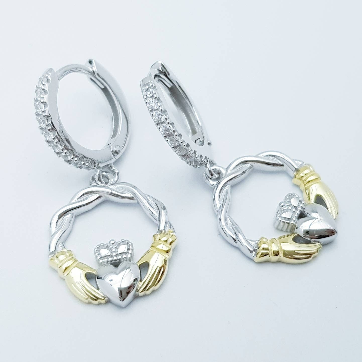 Silver hoop Claddagh Earrings, braided Claddagh Earrings, silver and Gold Claddagh drop Earrings