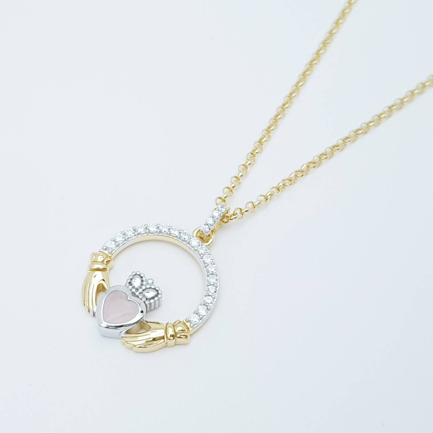 Baby pink Claddagh pendant, Irish claddagh necklace from Galway, Ireland, Angel wing claddagh chain