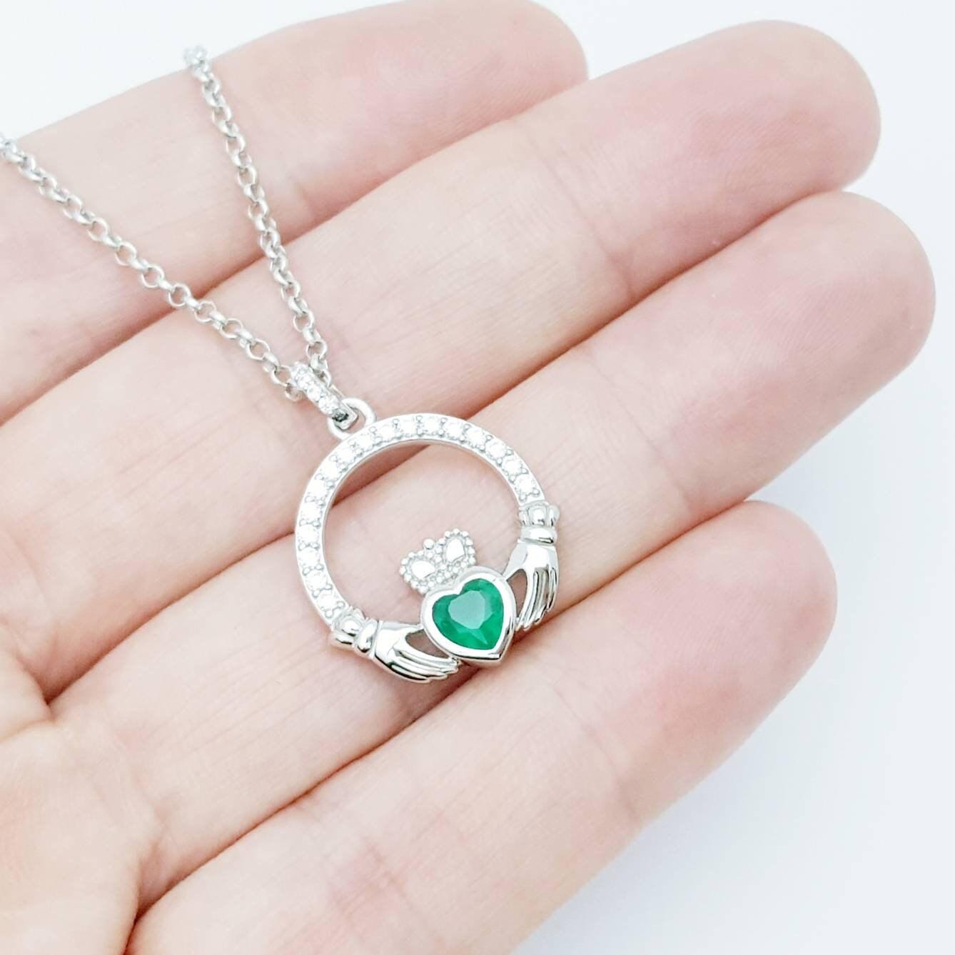 Sterling silver emerald green may birthstone claddagh necklace