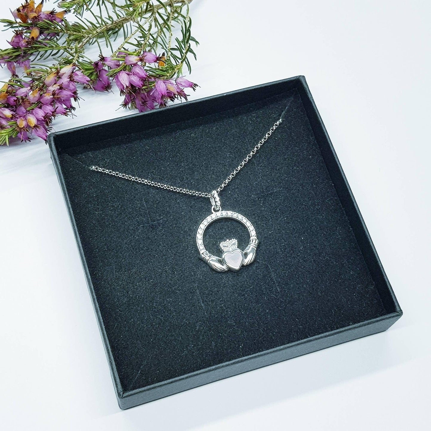 Sterling Silver Claddagh pendant, claddagh necklace, Pink Claddagh chain from Ireland