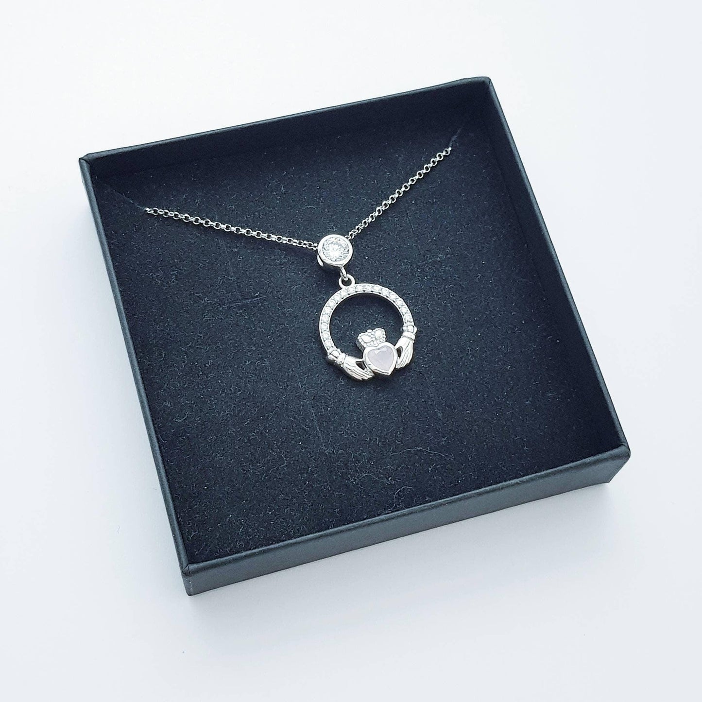 Sterling Silver Claddagh pendant, claddagh necklace, Pink Claddagh chain from Ireland