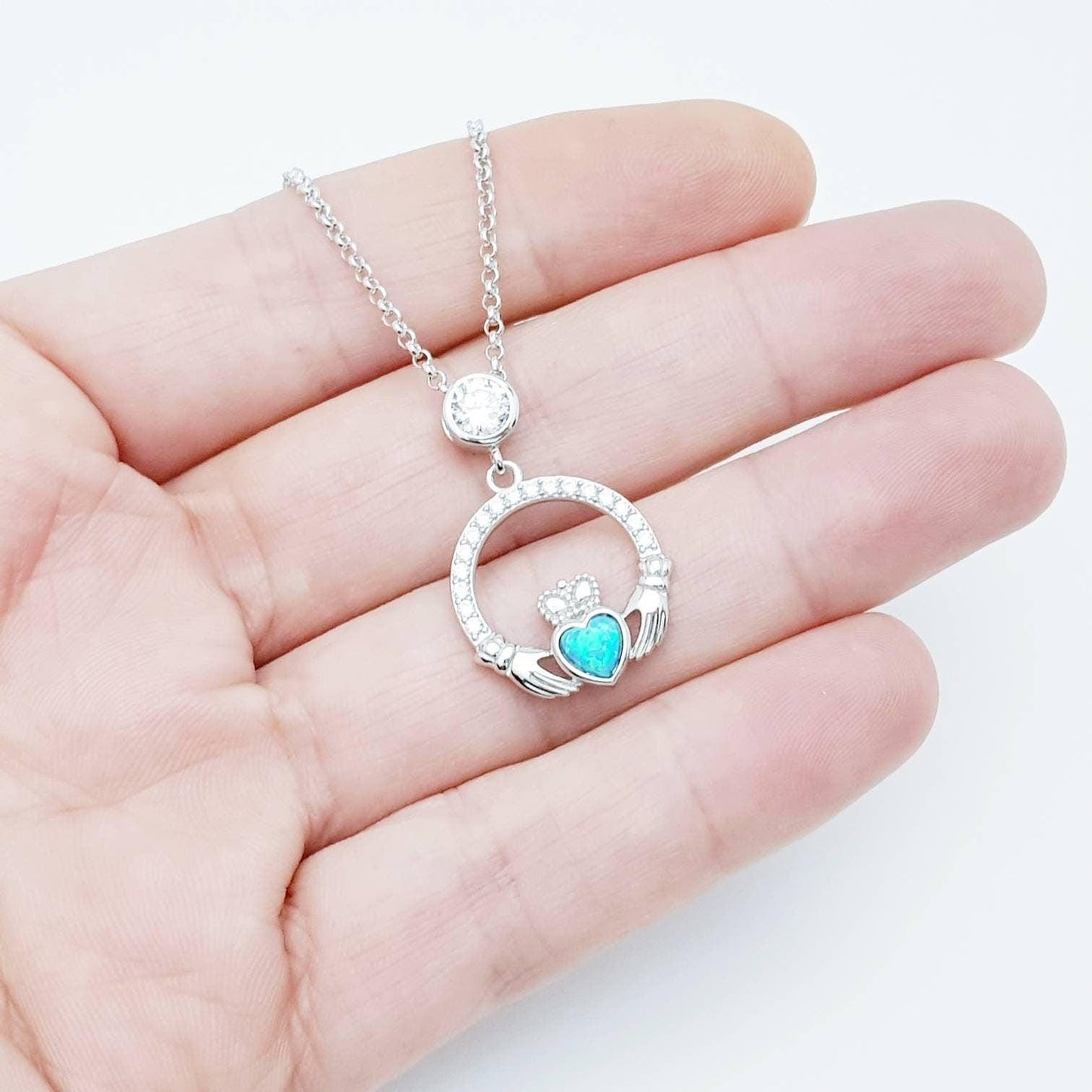 Opal Claddagh pendant, claddagh necklace, sterling silver opal jewelry