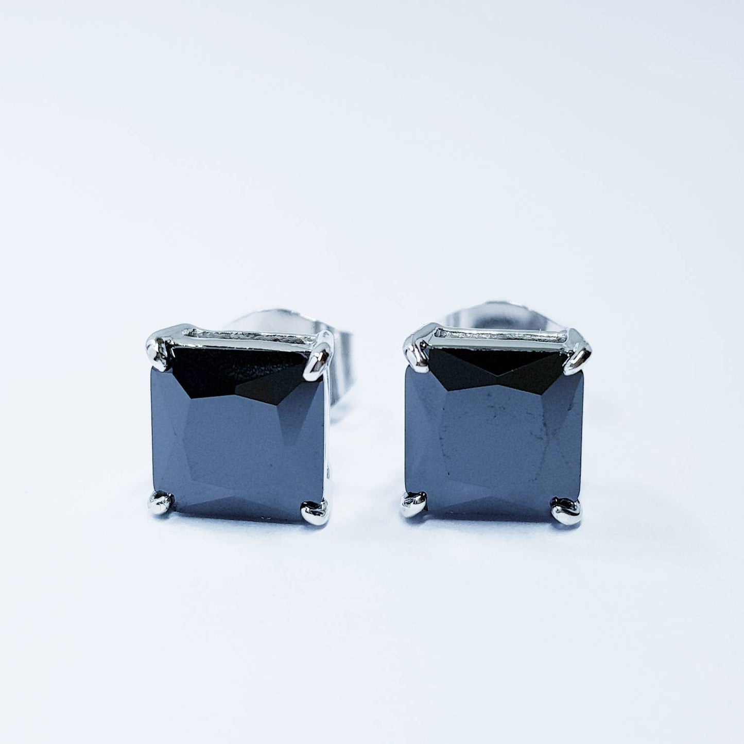 Black earrings, square black studs, silver stud earrings, black diamond earrings