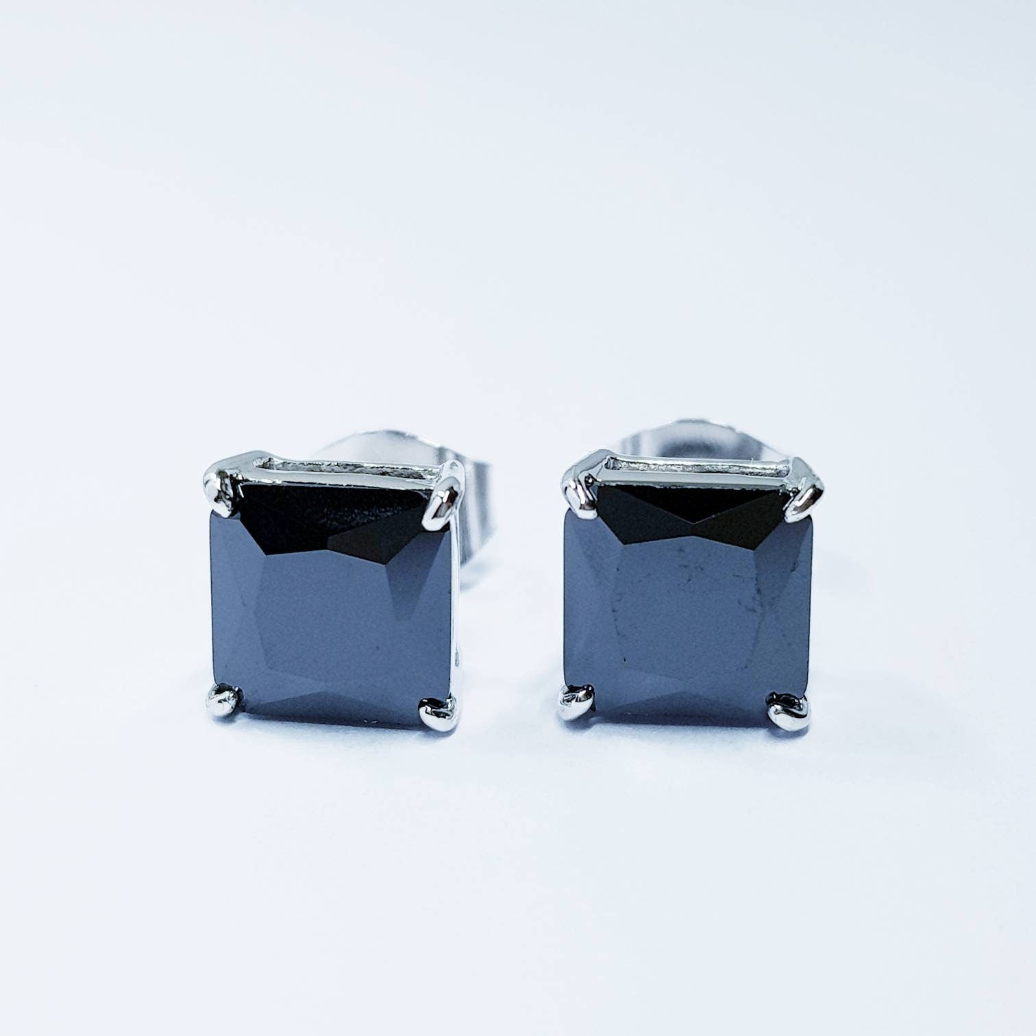 Black earrings, square black studs, silver stud earrings, black diamond earrings