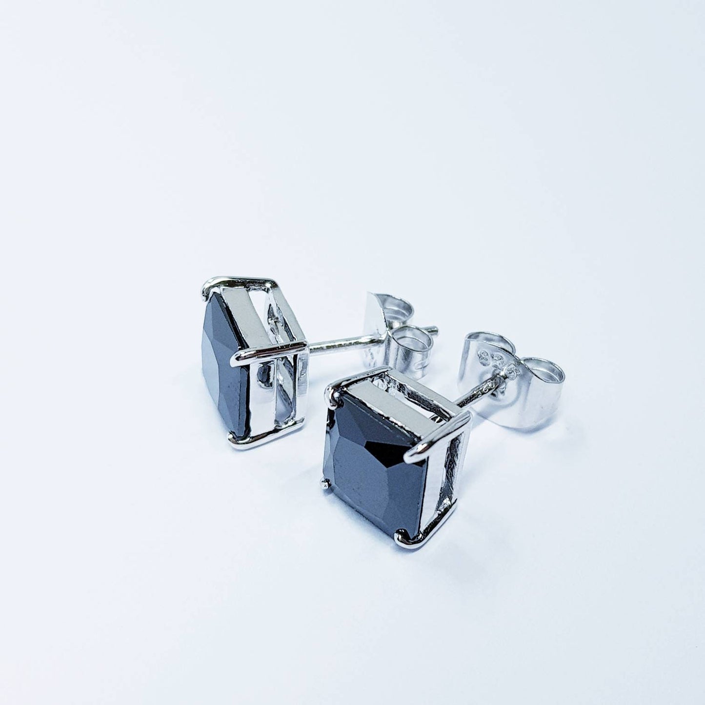 Black earrings, square black studs, silver stud earrings, black diamond earrings
