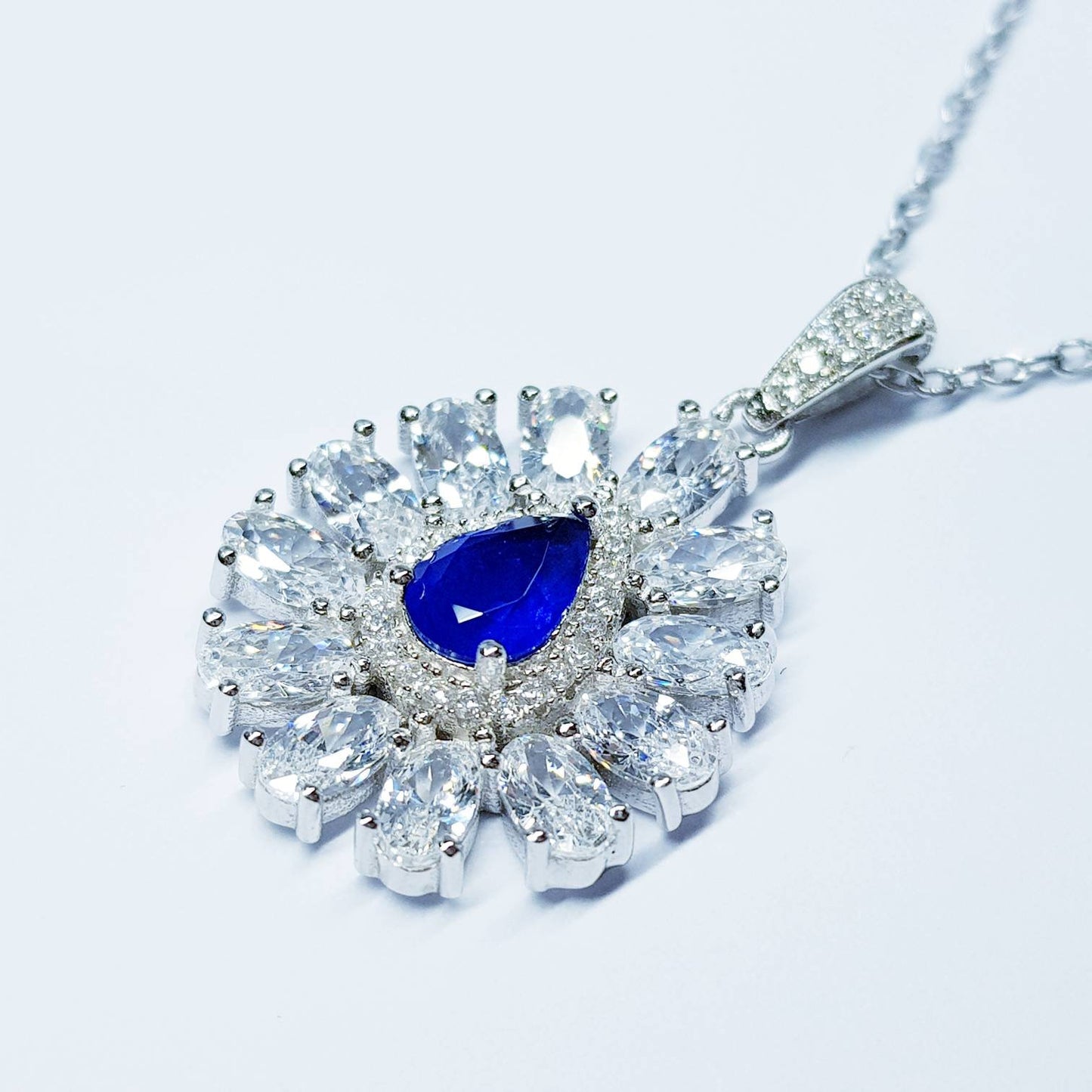 Sapphire blue necklace, Antique pendant, diamond simulant Jewelry, September bithstone, Vintage Jewelry