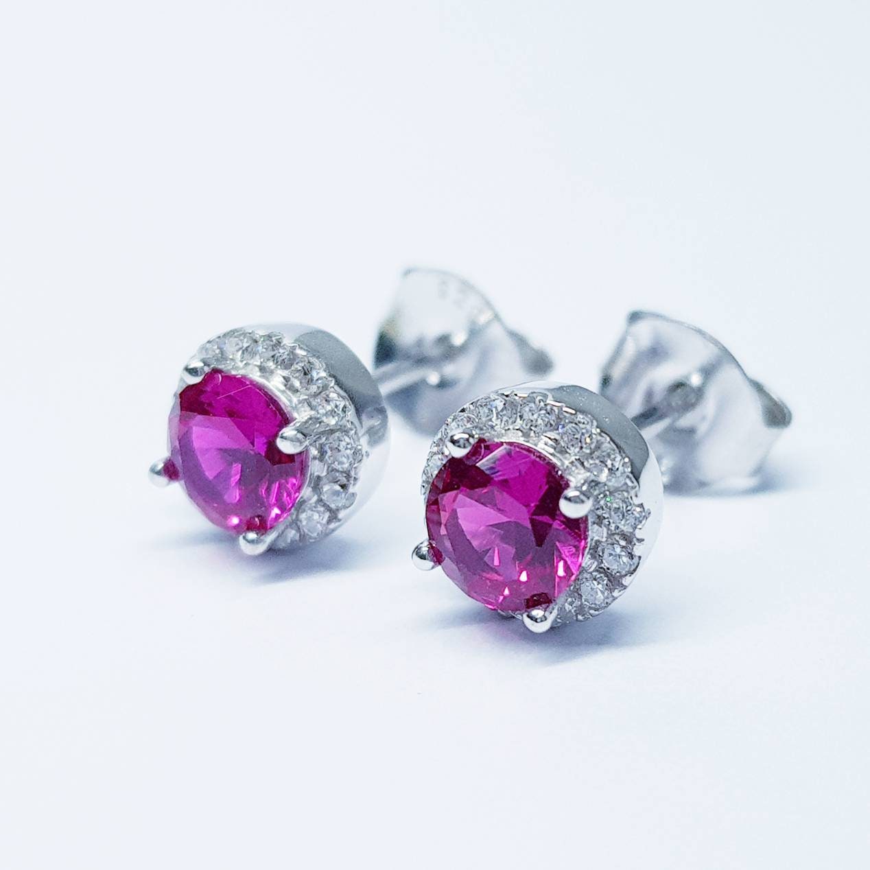 Red earrings, ruby stud earrings, gift for women, vintage earrings, diamond halo earrings, earrings for women, classic stud earrings