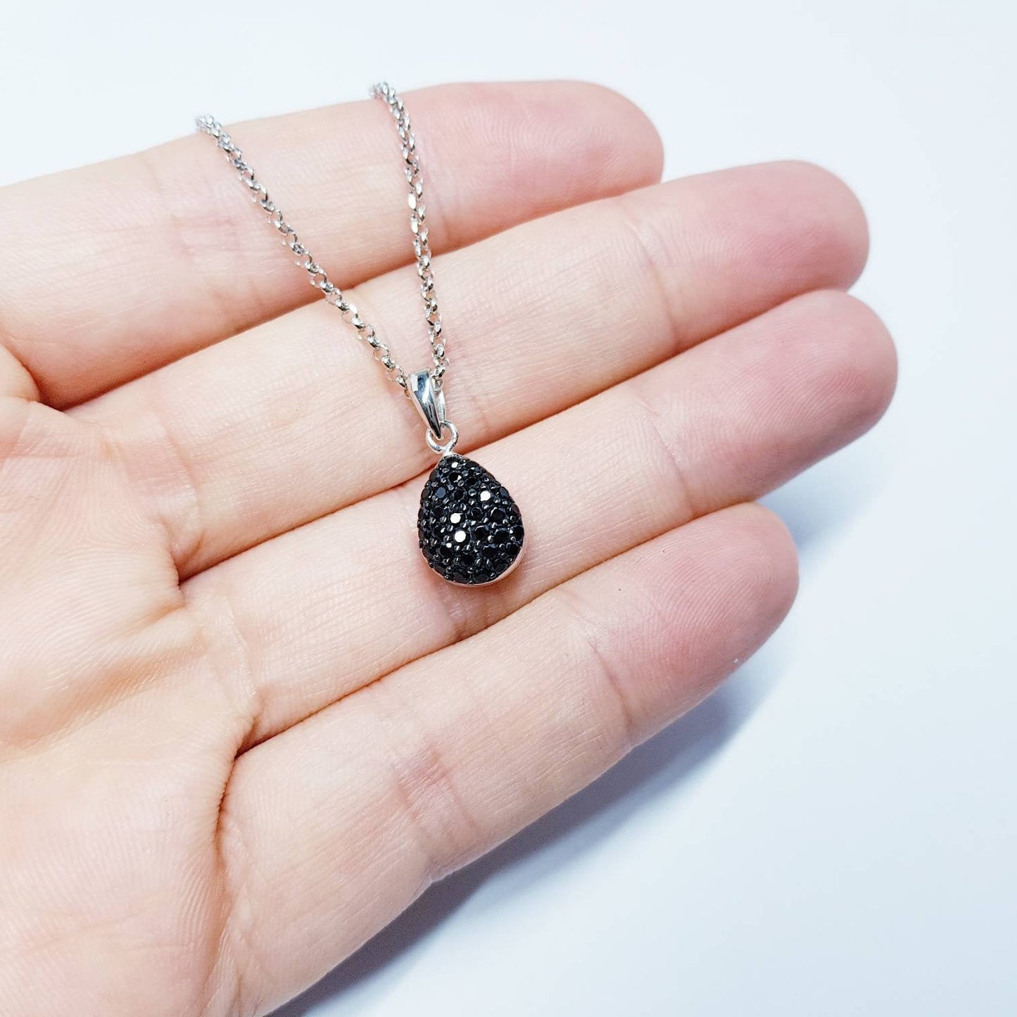 Sterling silver black necklace, small black pendant, Vintage necklace, antique style pendant