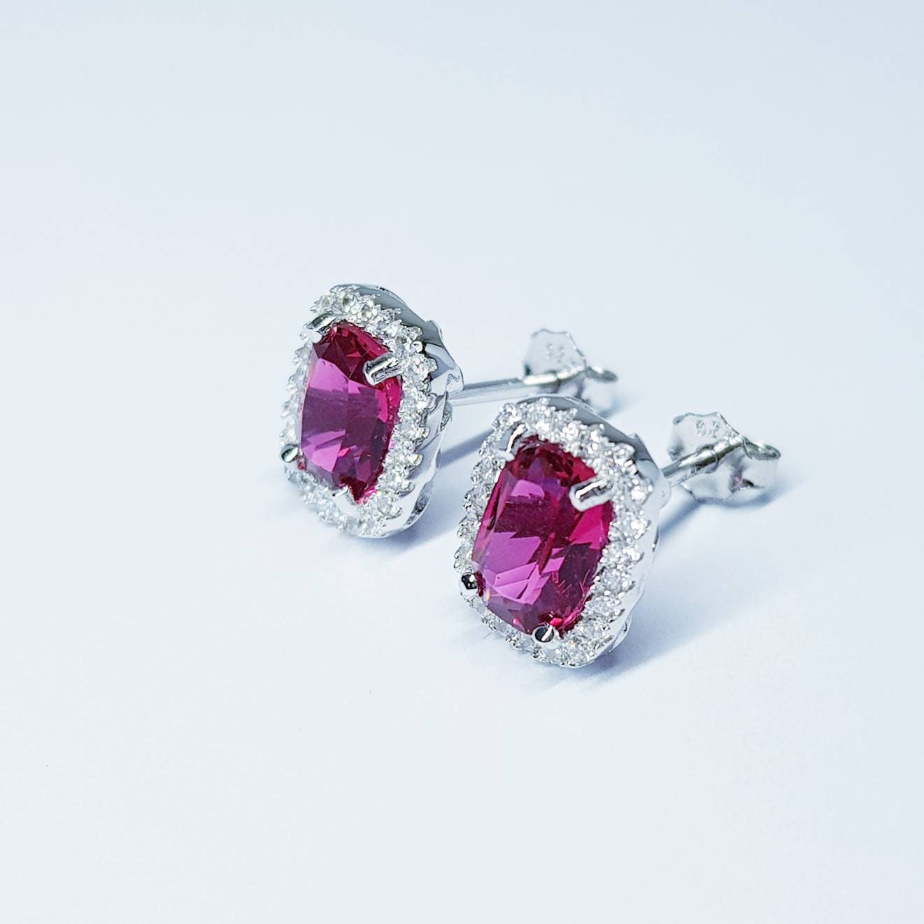 Red earrings, ruby stud earrings, July birthstone, vintage earrings, diamond halo earrings, earrings for women, classic stud earrings