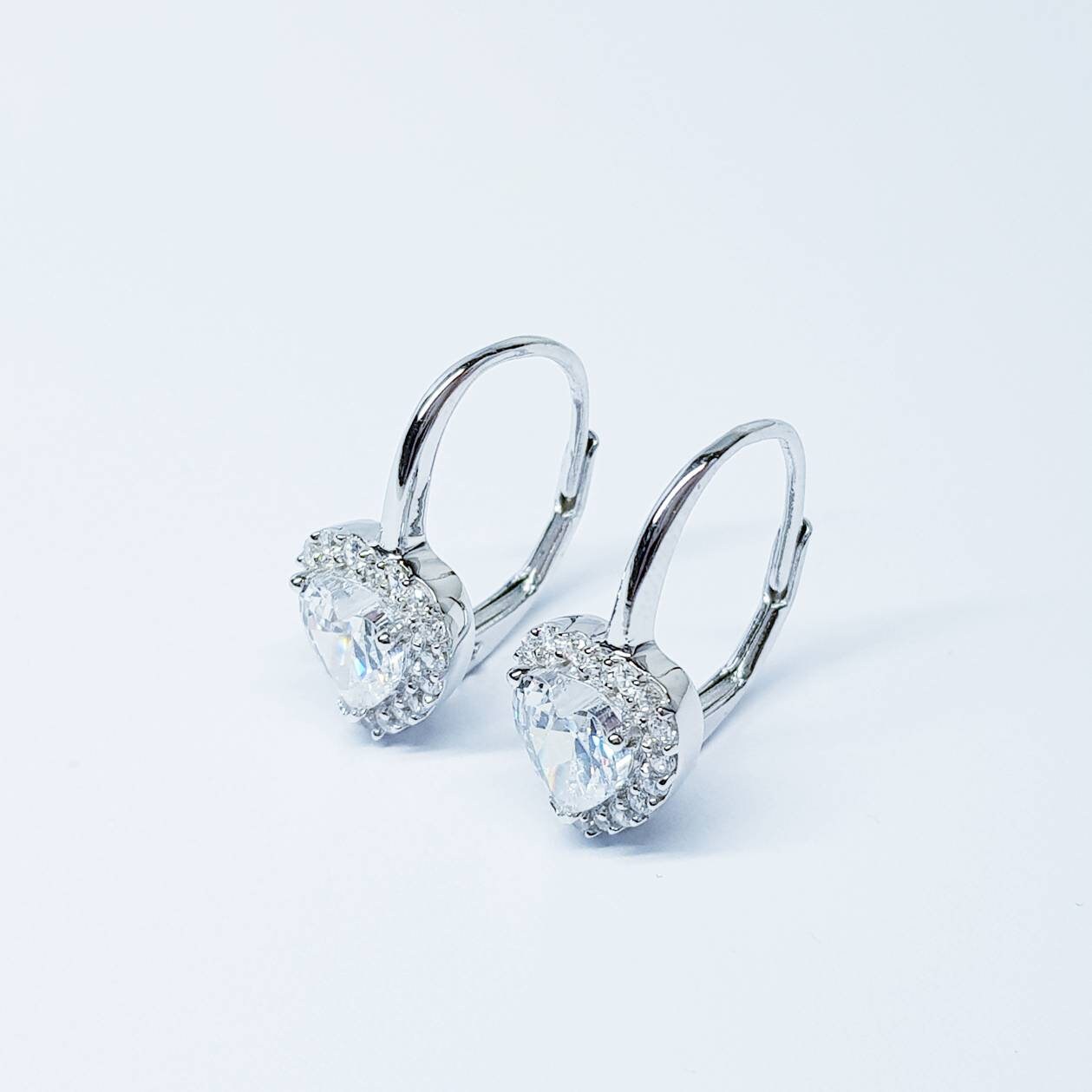 Sterling Silver heart earrings, lever back drop earrings, heart shaped earrings, diamond halo earrings, bridesmaid earrings