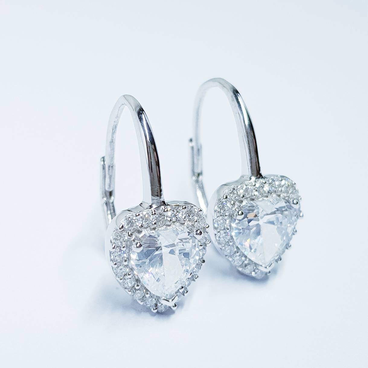 Sterling Silver heart earrings, lever back drop earrings, heart shaped earrings, diamond halo earrings, bridesmaid earrings
