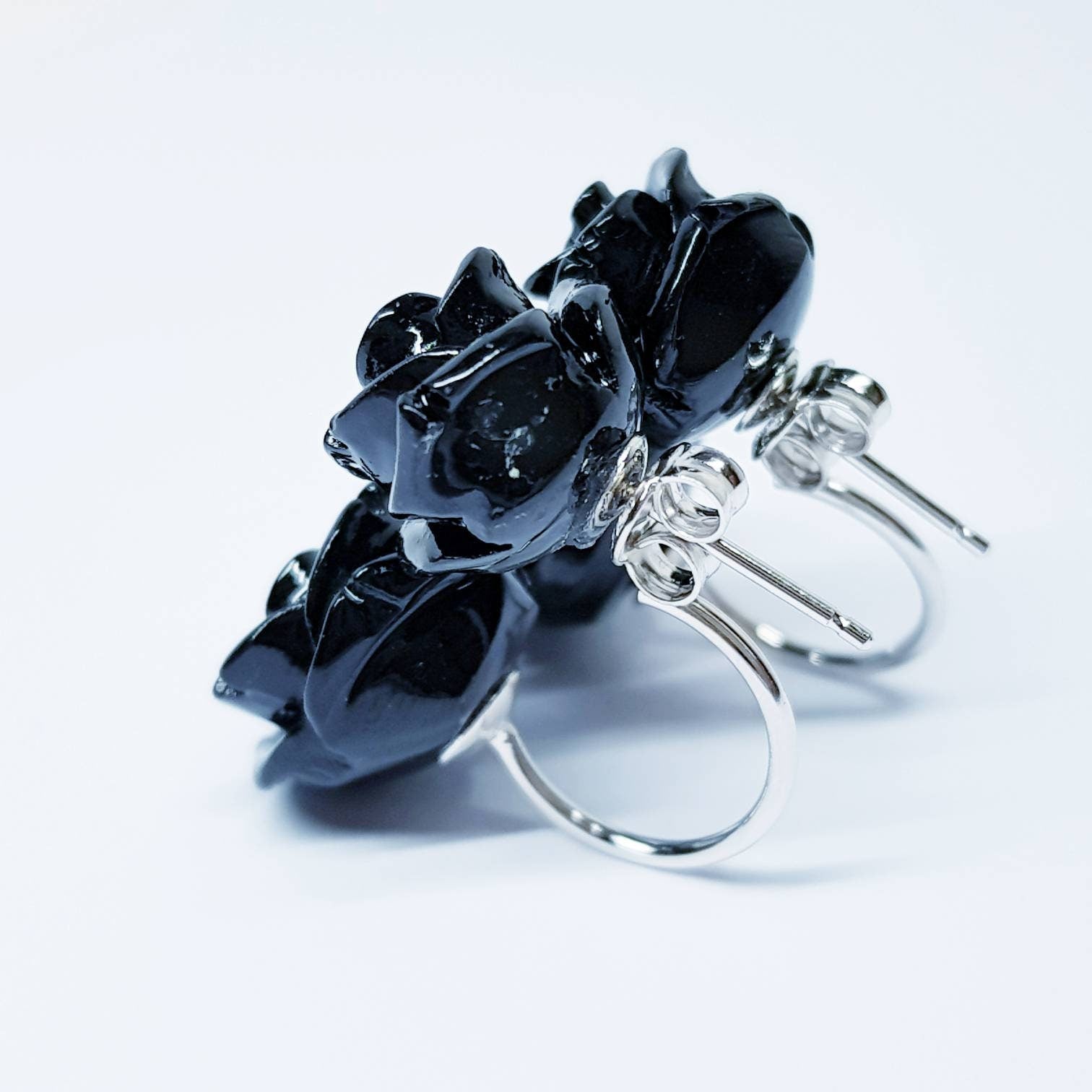 Black Rose earrings, floral earring jackets, black agate earrings, unique earrings, gothic earrings