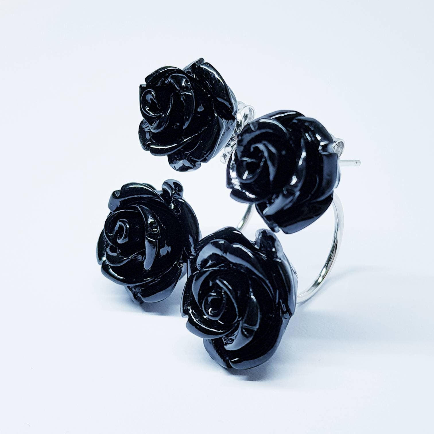 Black Rose earrings, floral earring jackets, black agate earrings, unique earrings, gothic earrings