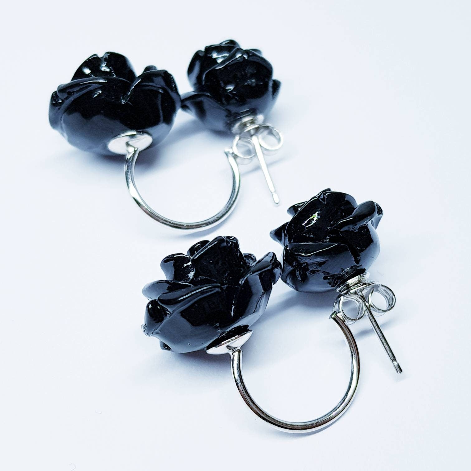 Black Rose earrings, floral earring jackets, black agate earrings, unique earrings, gothic earrings