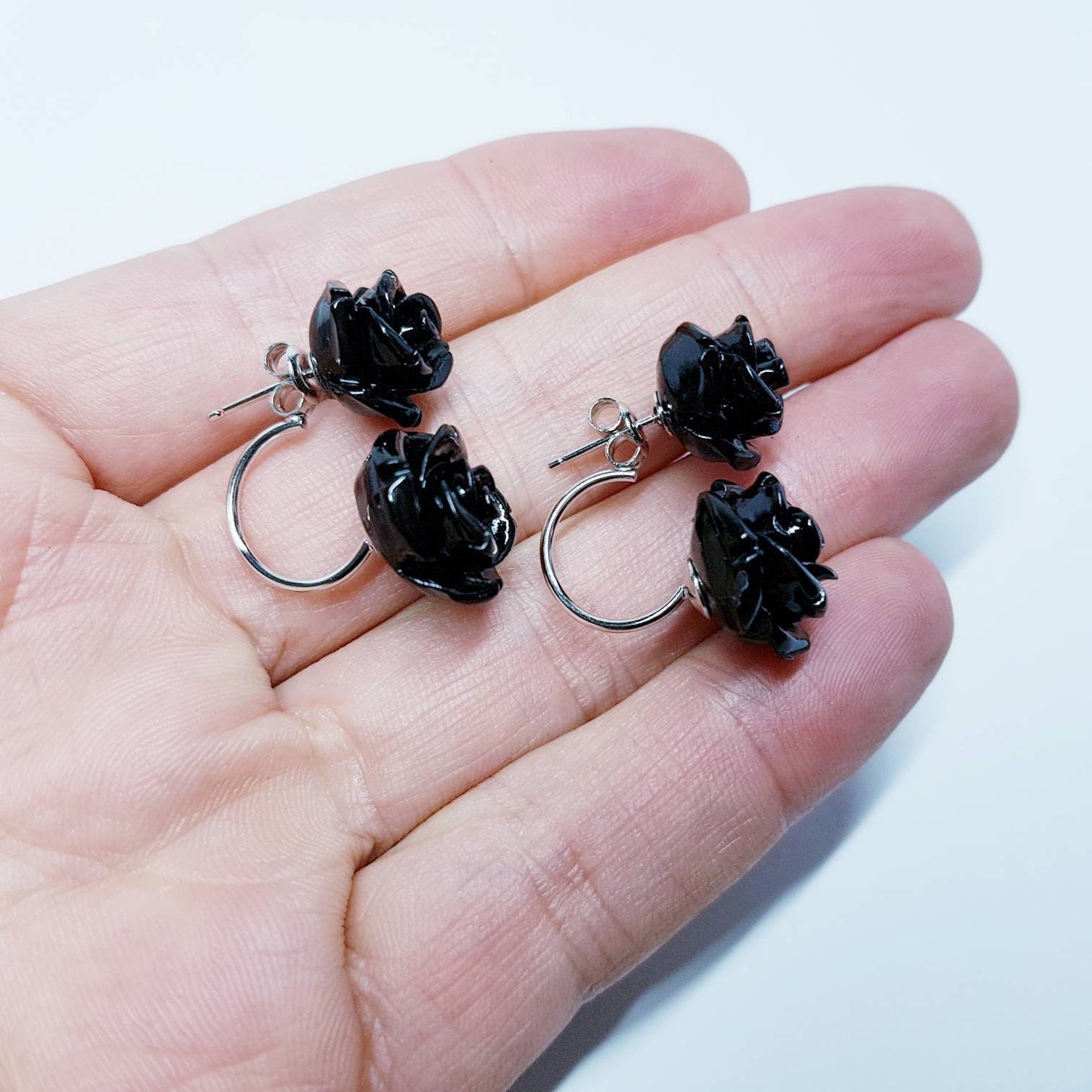 Black Rose earrings, floral earring jackets, black agate earrings, unique earrings, gothic earrings