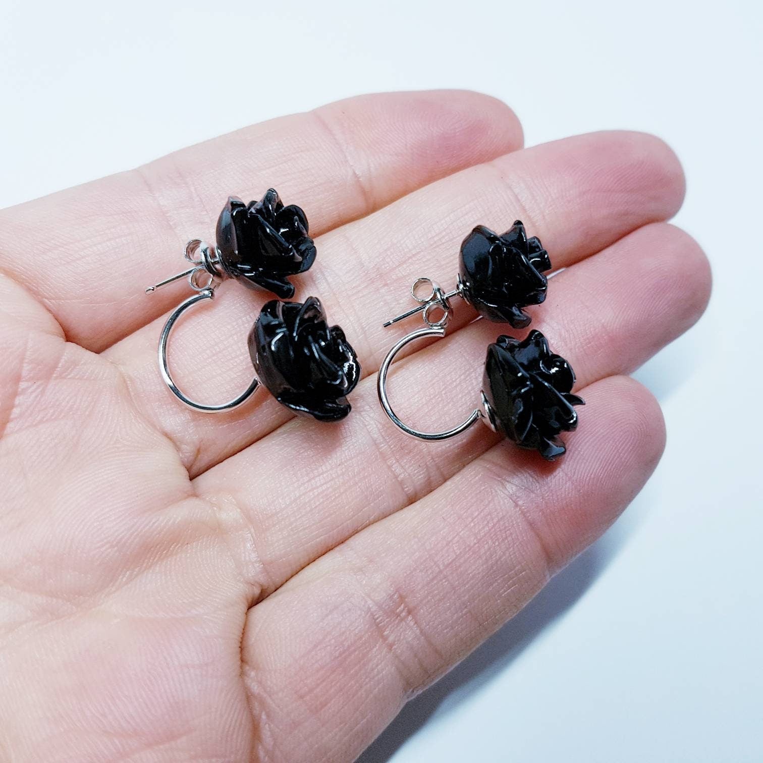 Black Rose earrings, floral earring jackets, black agate earrings, unique earrings, gothic earrings
