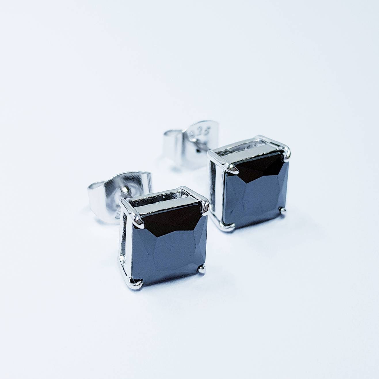 Black earrings, square black studs, silver stud earrings, black diamond earrings