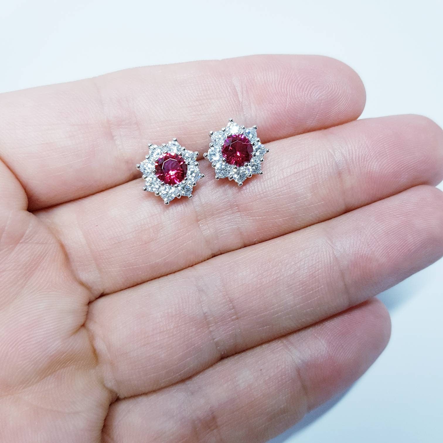 Red earrings, Spinel stud earrings, gift for women, vintage earrings, diamond halo earrings, earrings for women, classic stud earrings