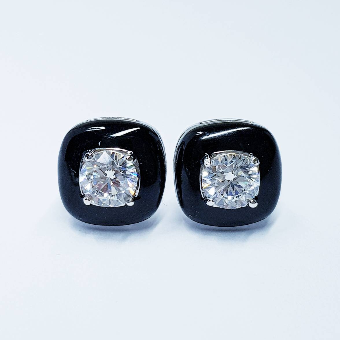 Black earrings, square black studs, silver stud earrings, diamond simulant earrings, enamel earrings, black and white vintage jewelry