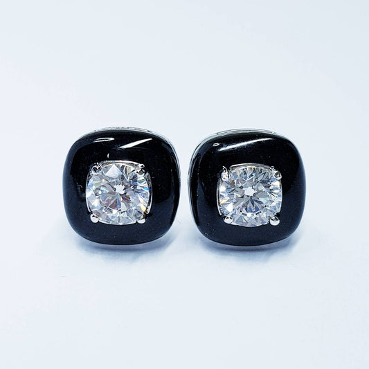Black earrings, square black studs, silver stud earrings, diamond simulant earrings, enamel earrings, black and white vintage jewelry