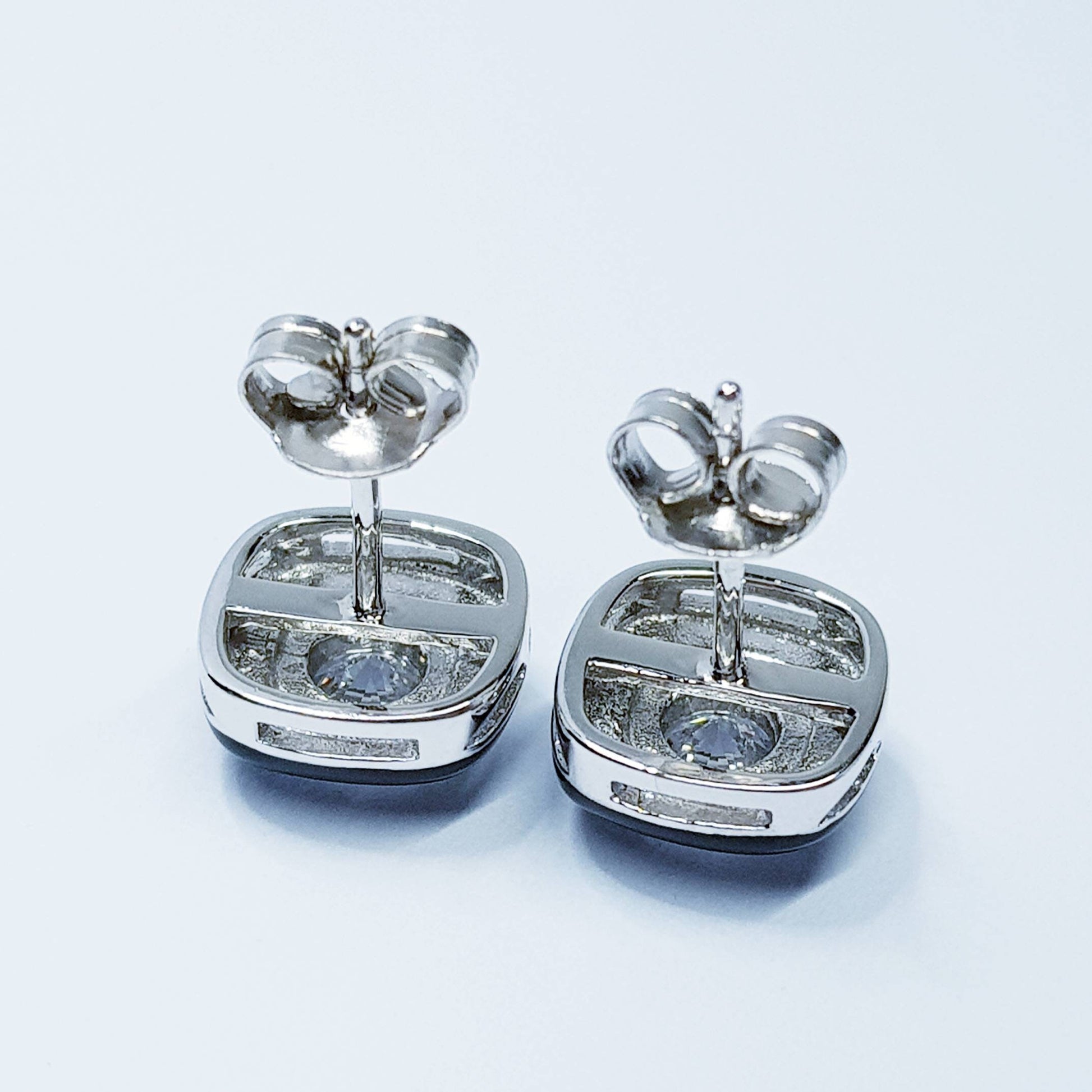 Black earrings, square black studs, silver stud earrings, diamond simulant earrings, enamel earrings, black and white vintage jewelry