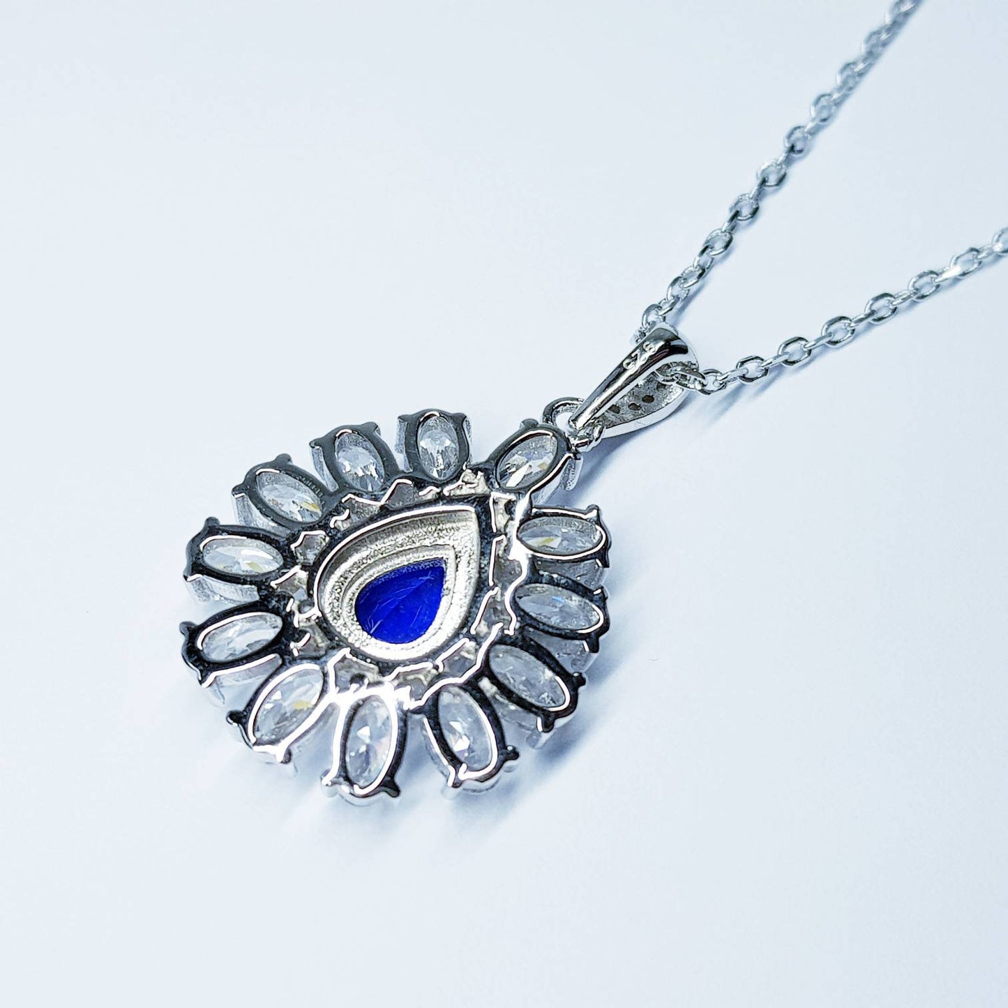 Sapphire blue necklace, Antique pendant, diamond simulant Jewelry, September bithstone, Vintage Jewelry