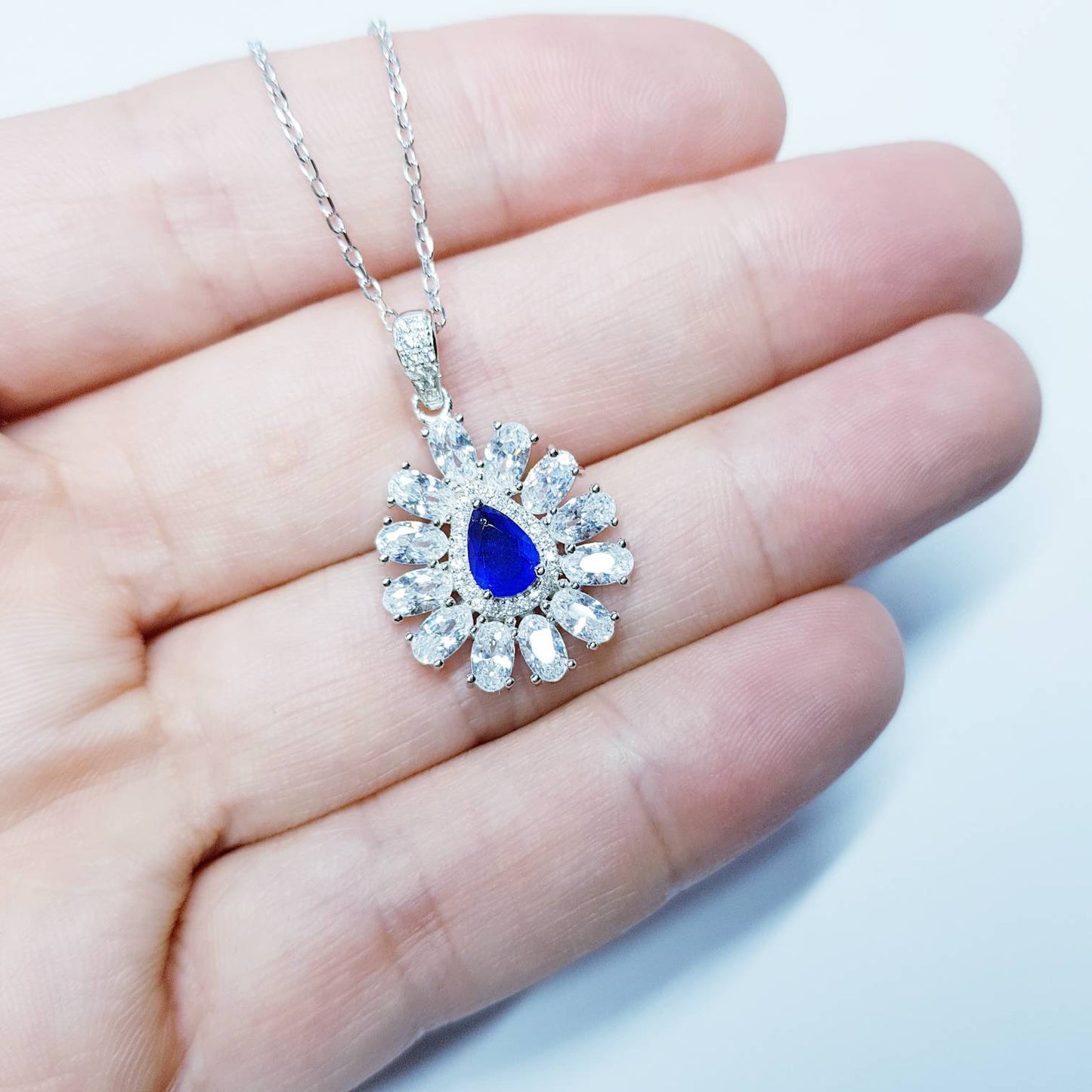 Sapphire blue necklace, Antique pendant, diamond simulant Jewelry, September bithstone, Vintage Jewelry