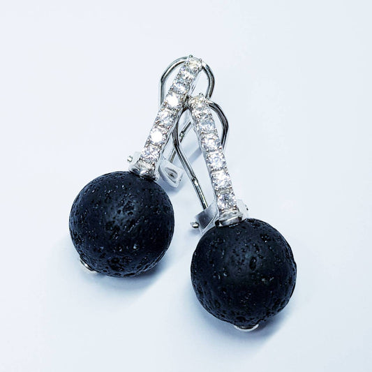 Lava rock drop earrings, Statement earrings, black bead earrings, vintage earrings, old world earrings, ball earrings