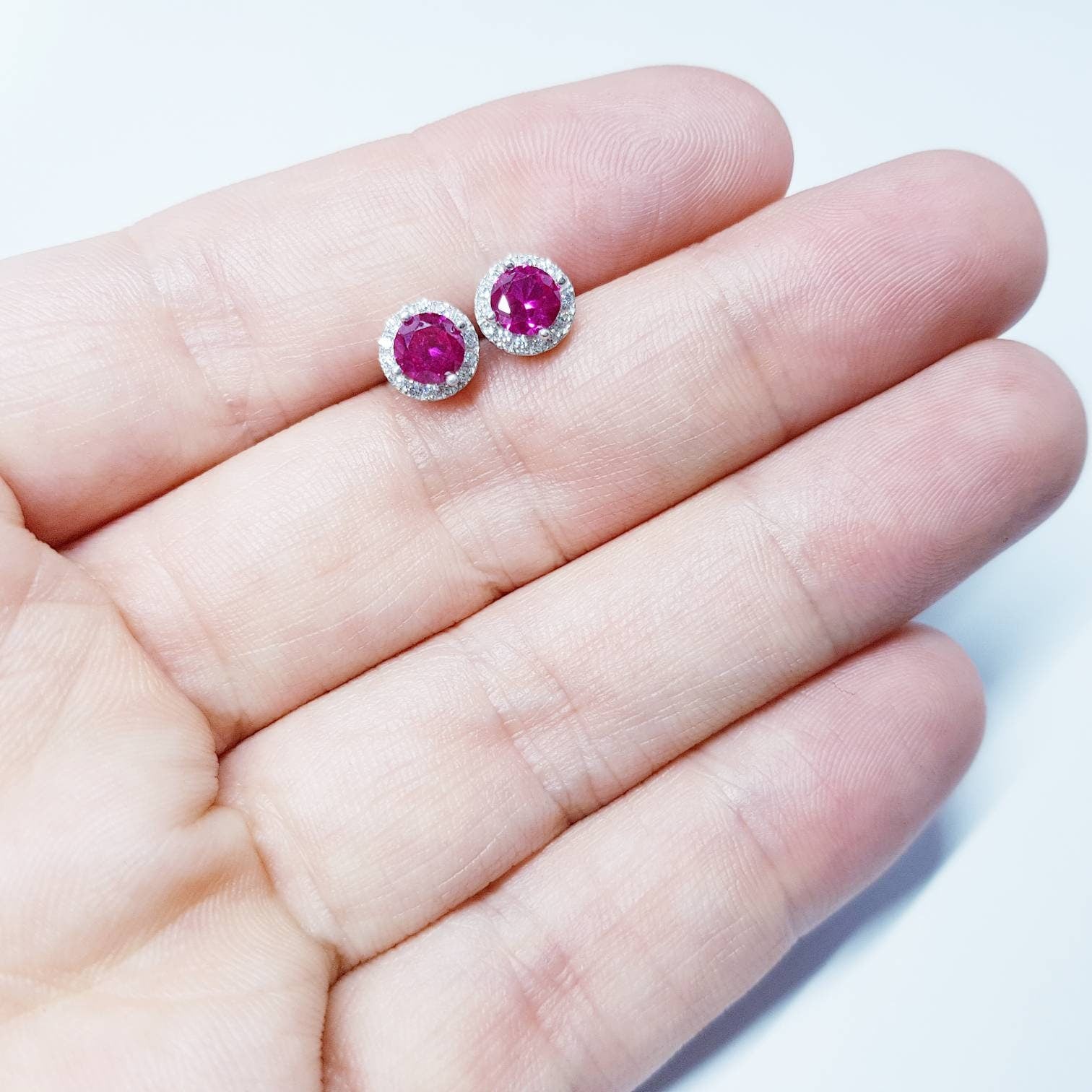 Red earrings, ruby stud earrings, gift for women, vintage earrings, diamond halo earrings, earrings for women, classic stud earrings