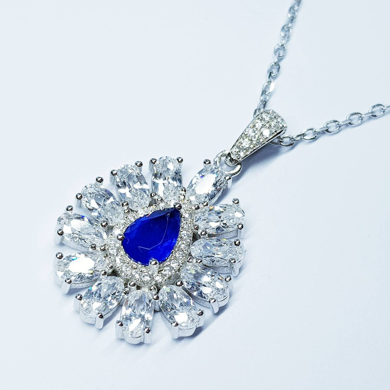Sapphire blue necklace, Antique pendant, diamond simulant Jewelry, September bithstone, Vintage Jewelry
