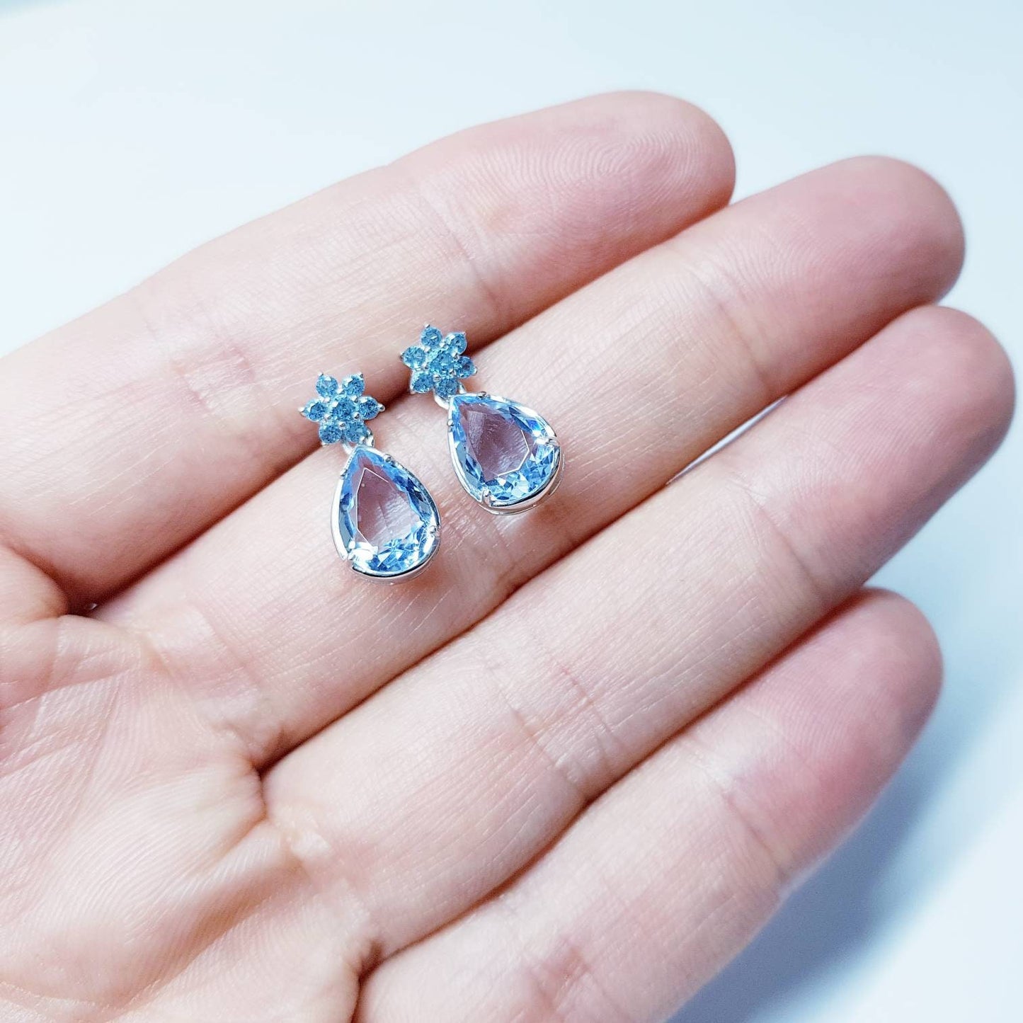 Light blue aquamarine drop earrings, teardrop shape blue studs, march birthstone silver earrings