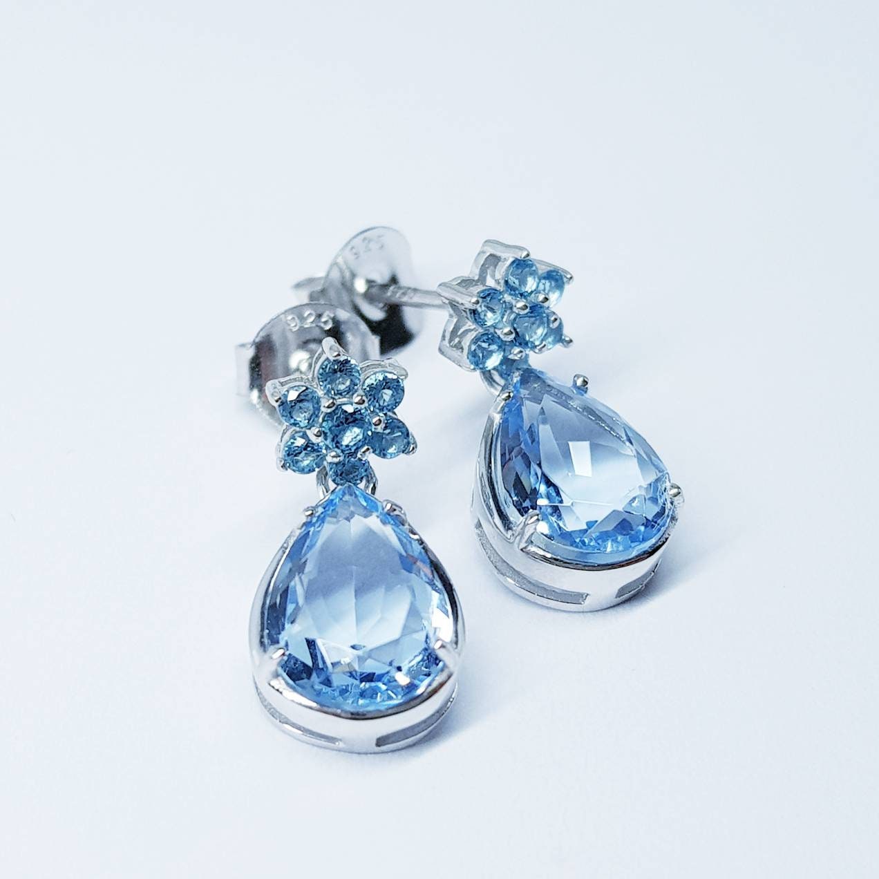 Light blue aquamarine drop earrings, teardrop shape blue studs, march birthstone silver earrings