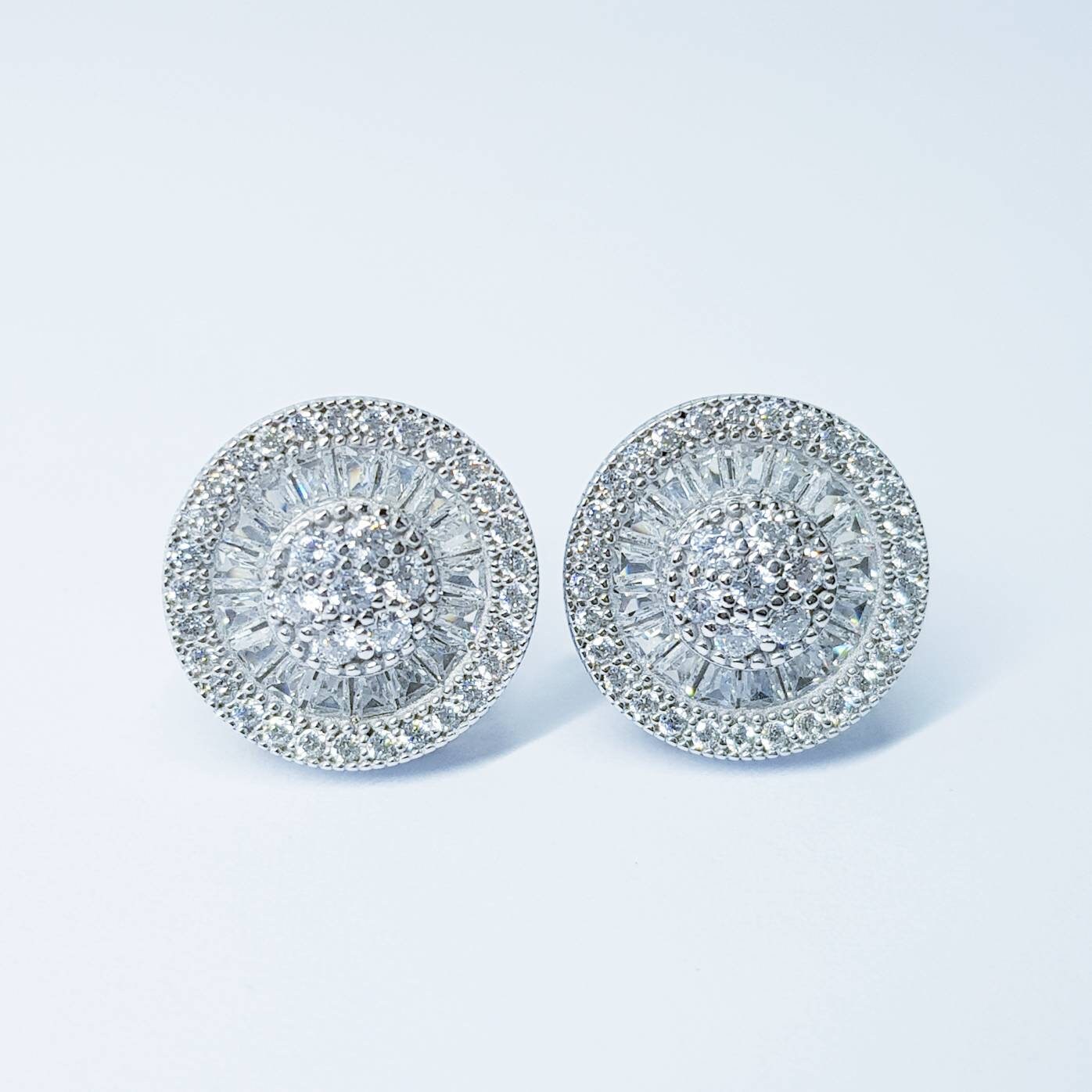 Large stud Earrings, round halo earrings, diamond simulant earrings, Sterling Silver earrings, evening jewelry