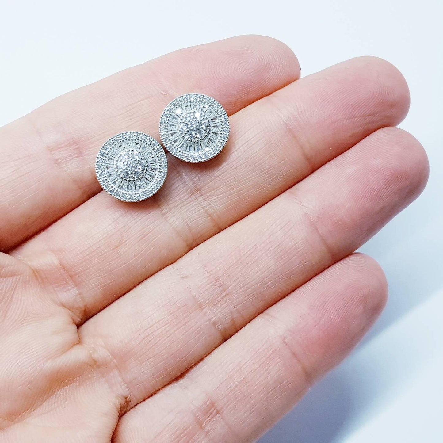 Large stud Earrings, round halo earrings, diamond simulant earrings, Sterling Silver earrings, evening jewelry