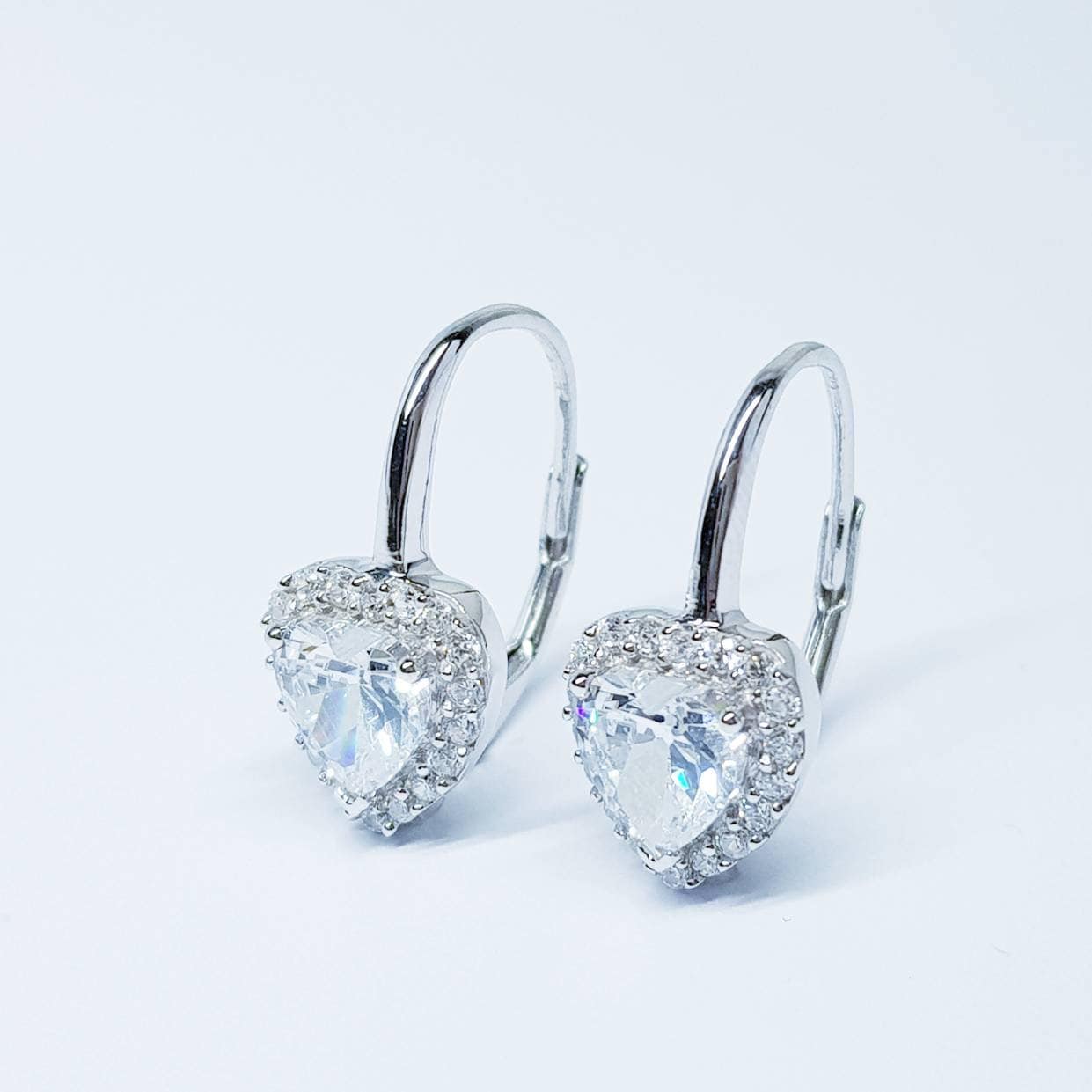 Sterling Silver heart earrings, lever back drop earrings, heart shaped earrings, diamond halo earrings, bridesmaid earrings