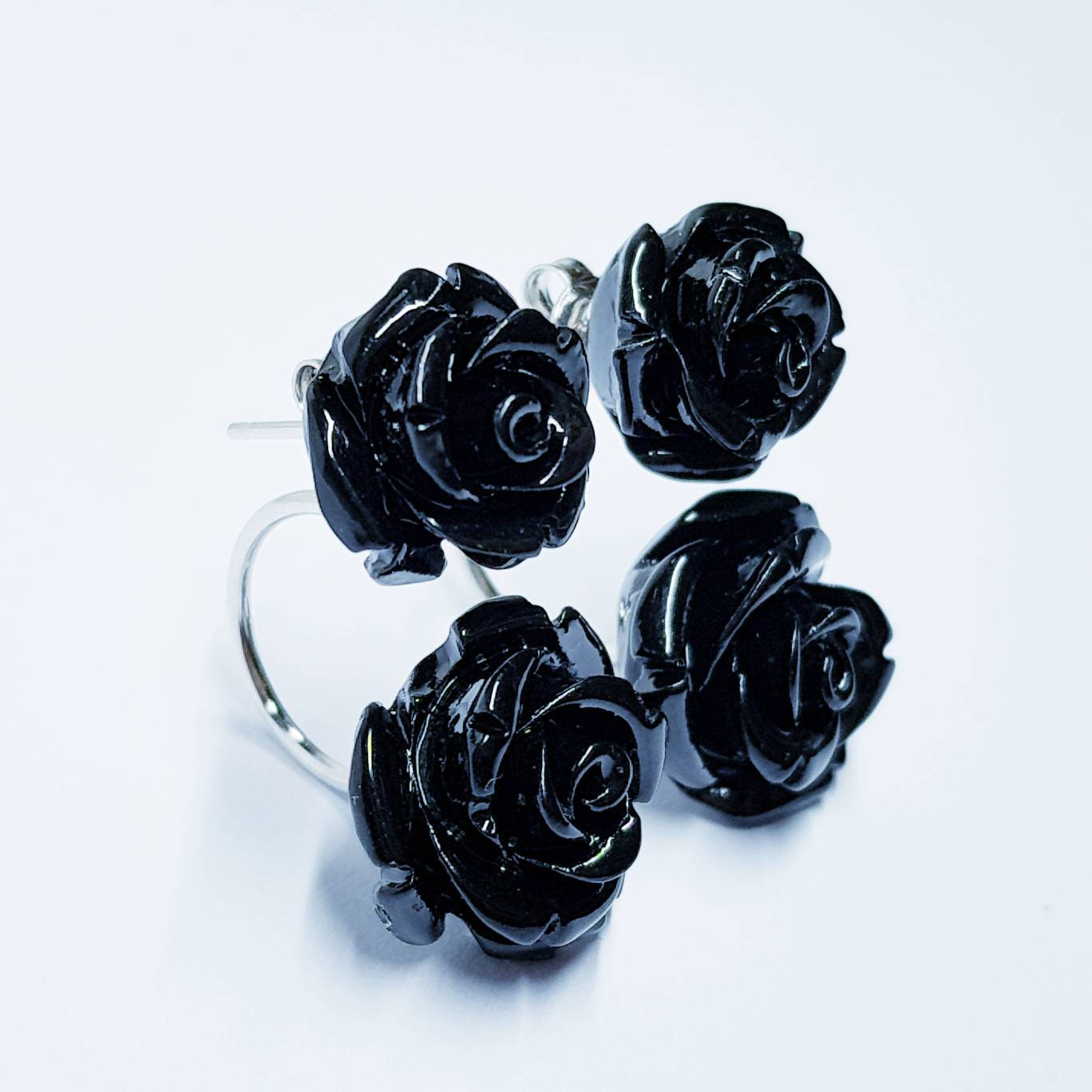 Black Rose earrings, floral earring jackets, black agate earrings, unique earrings, gothic earrings